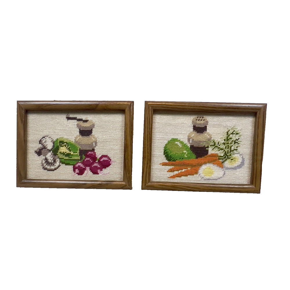 Completed Cross Stitch Framed Kitchen Veggies Eggs Salt Pepper Set of 2